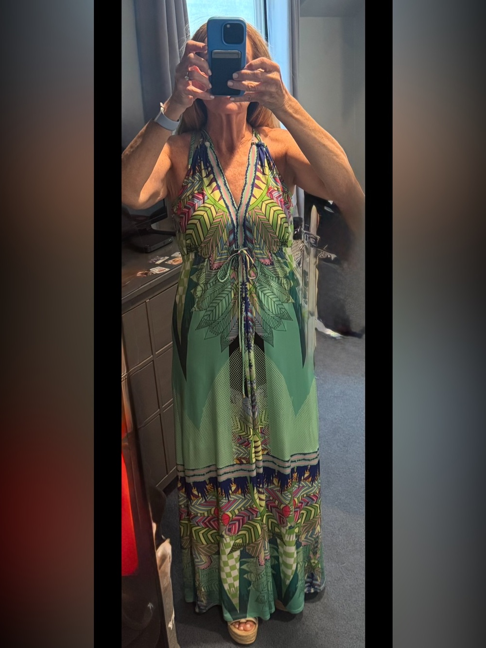 Hale Bob Lime & Teal Geometric Halter Maxi Dress - Picture 6 of 8